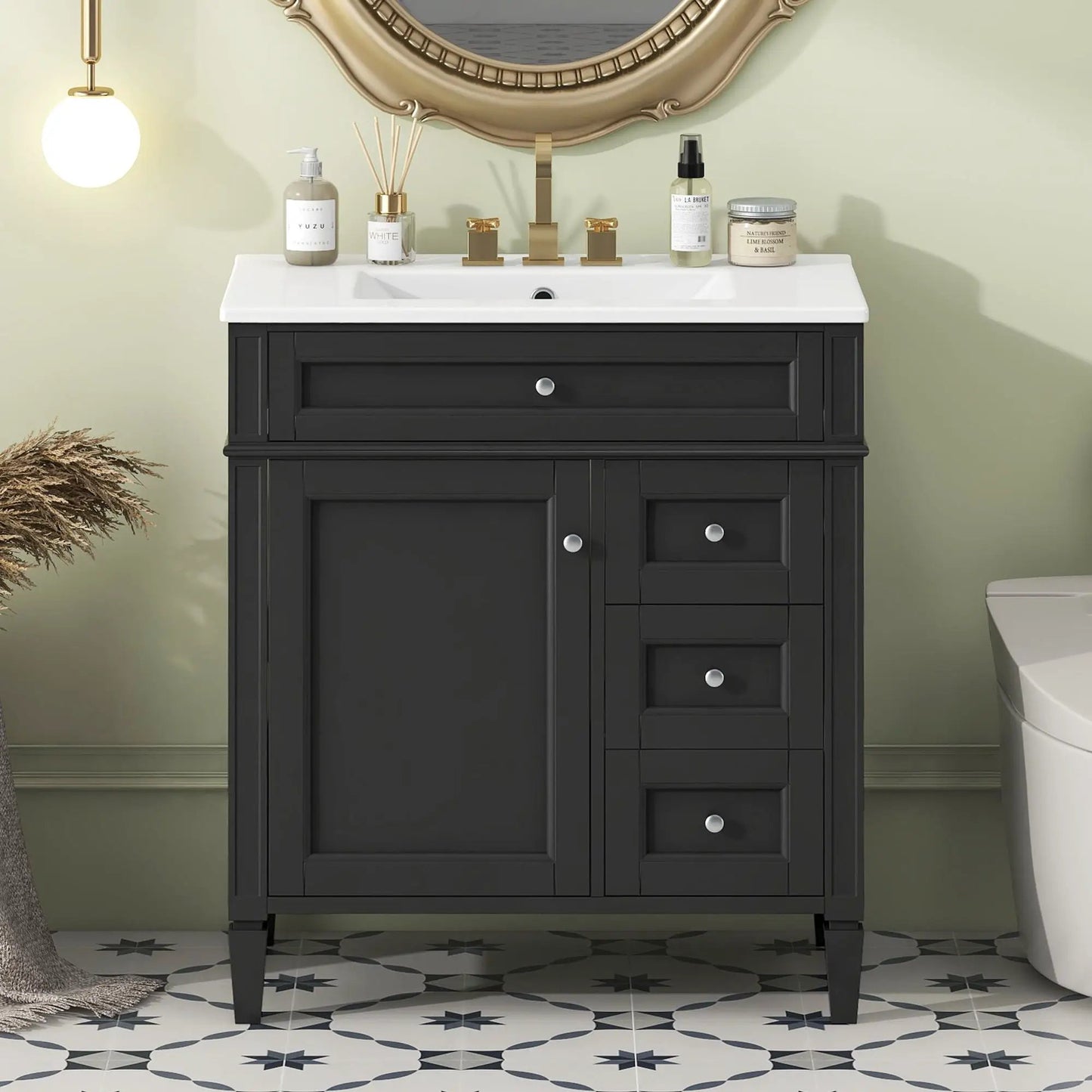 Bathroom vanity with white top sink, dark charcoal finish, 2 drawers and tip-out drawer on Tampa Home & Garden Store