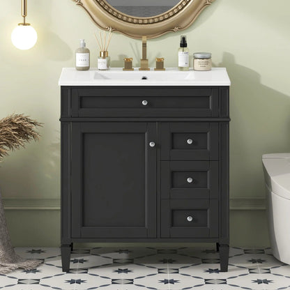Bathroom vanity with white top sink, dark charcoal finish, 2 drawers and tip-out drawer on Tampa Home & Garden Store