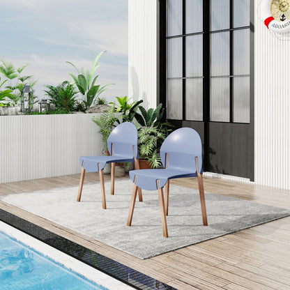 4 Piece Outdoor Chair Set with blue polypropylene seats and oak legs by pool deck on Tampa Home & Garden Store