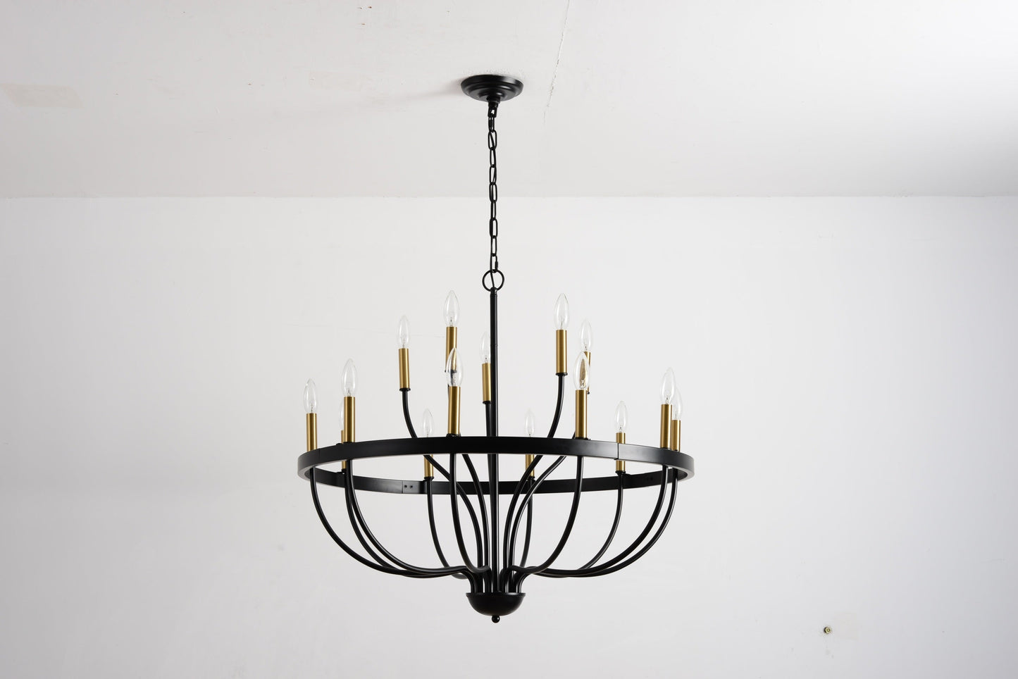 18-Light Industrial Iron Candle Chandelier with black iron frame and brass candle cups on Tampa Home & Garden Store