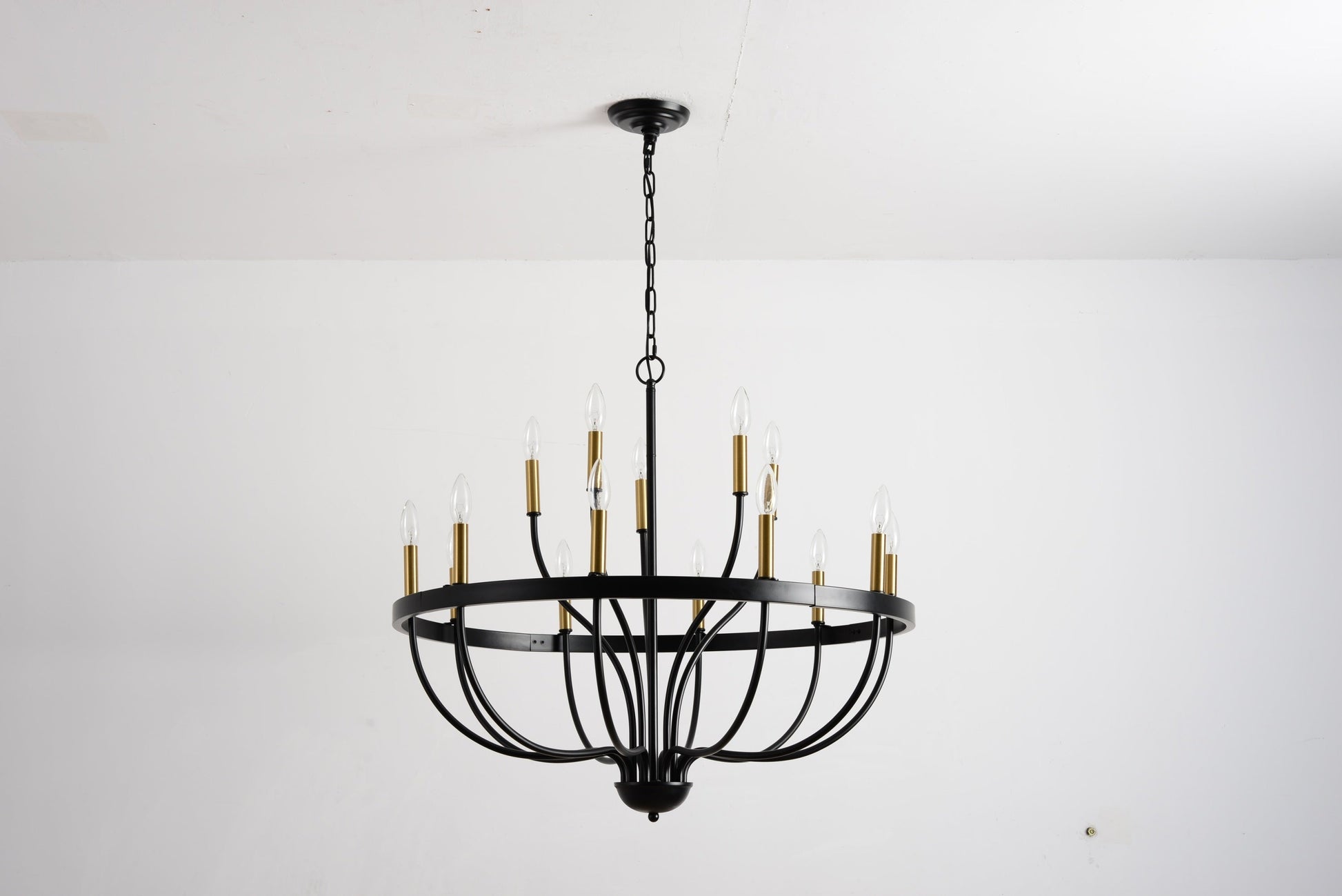 18-Light Industrial Iron Candle Chandelier with black iron frame and brass candle cups on Tampa Home & Garden Store