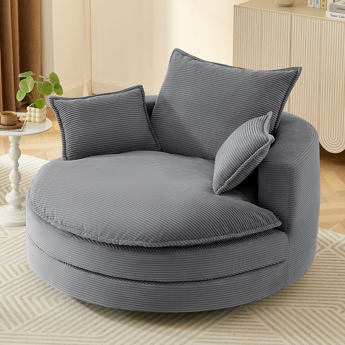 HouseOfZazla Swivel Barrel Chair with Cushion And Pillows in gray ribbed fabric on Tampa Home & Garden Store
