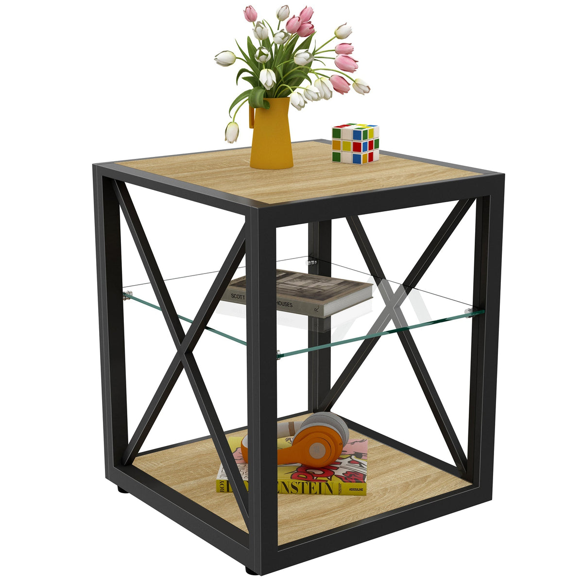 End Table with wood top, black metal frame and glass shelf, yellow tulip vase and Rubik's cube on Tampa Home & Garden Store