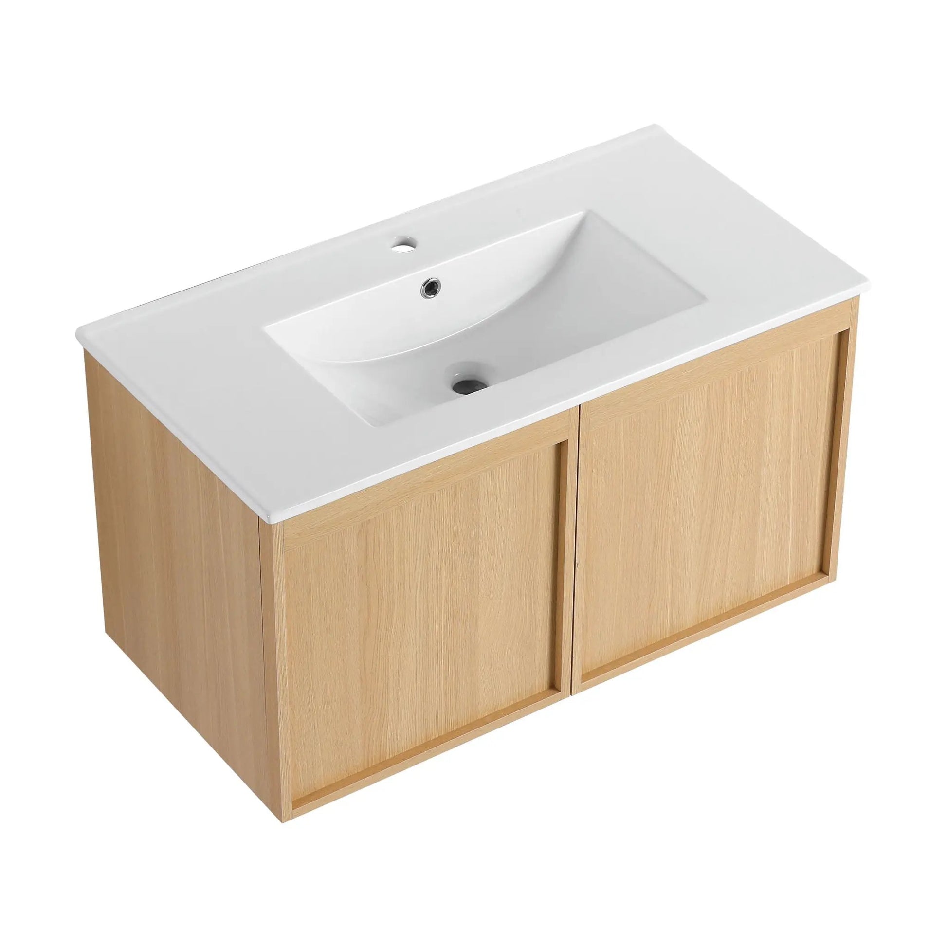 Floating bathroom vanity with sink, white ceramic basin on light wood cabinet, modern minimalist on Tampa Home & Garden Store