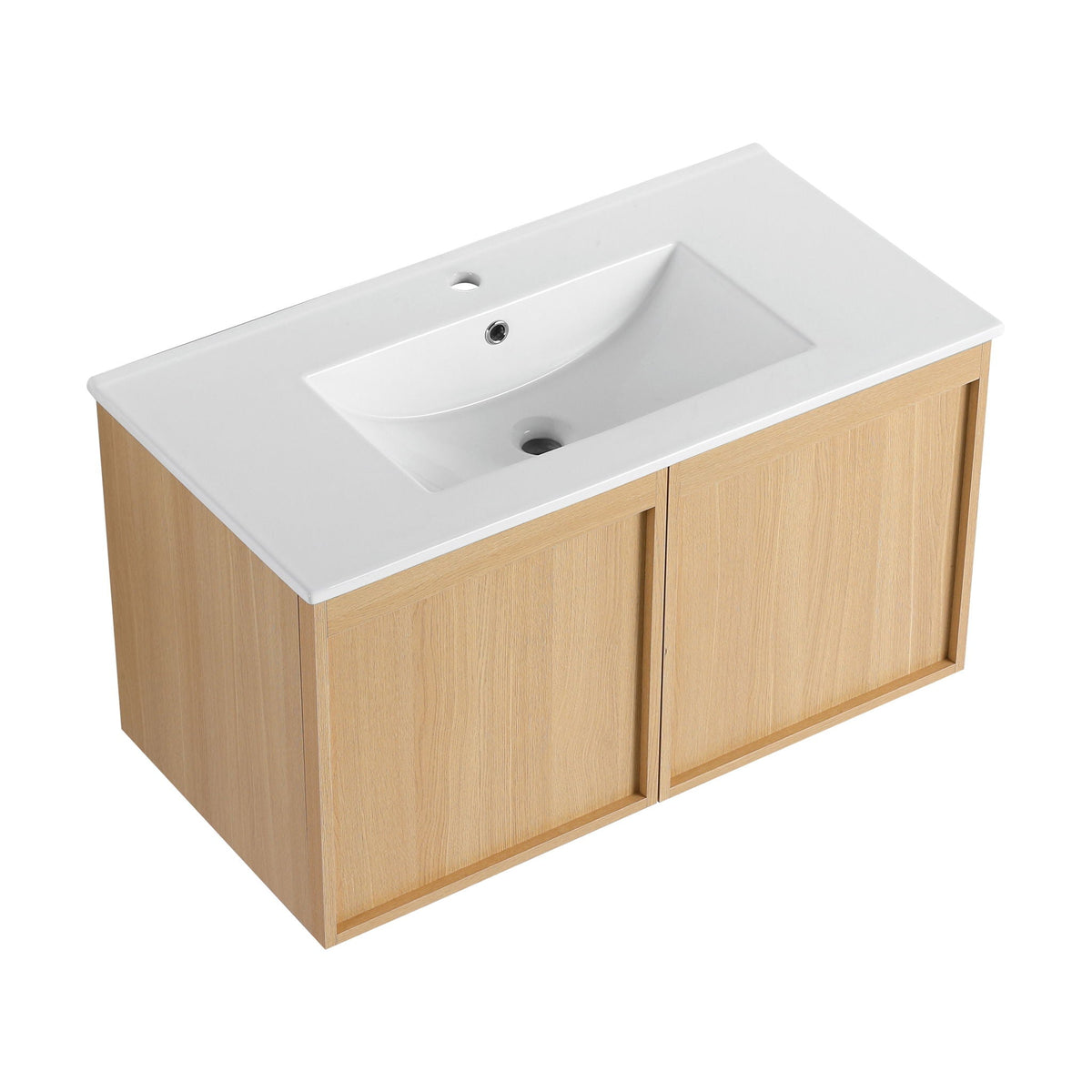 Floating bathroom vanity with sink in light brown wood, white countertop, two doors on Tampa Home & Garden Store