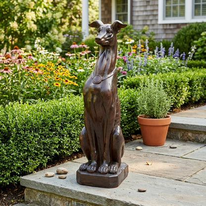 Greyhound statue garden sculpture in bronze finish on stone pedestal by HouseOfZazla on Tampa Home & Garden Store