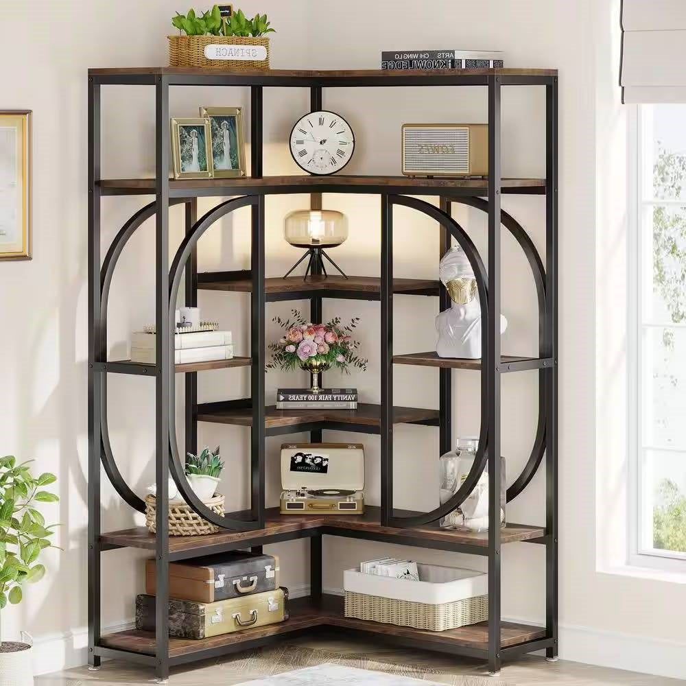 67-inch Tall Modern Industrial Metal Wood Corner Bookcase - Tampa Home & Garden Store