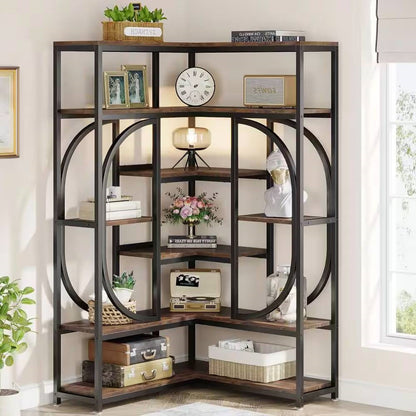 67-inch Tall Modern Industrial Metal Wood Corner Bookcase - Tampa Home & Garden Store