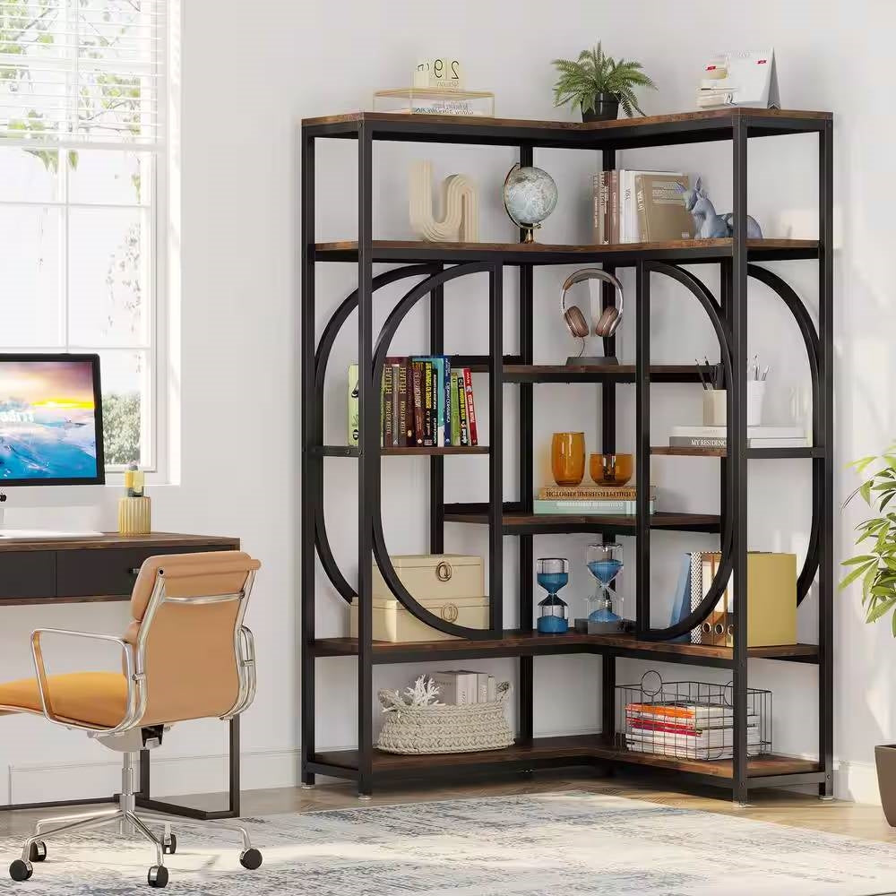 67-inch Tall Modern Industrial Metal Wood Corner Bookcase - Tampa Home & Garden Store