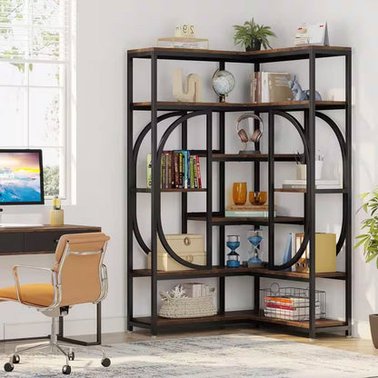 67-inch Tall Modern Industrial Metal Wood Corner Bookcase - Tampa Home & Garden Store