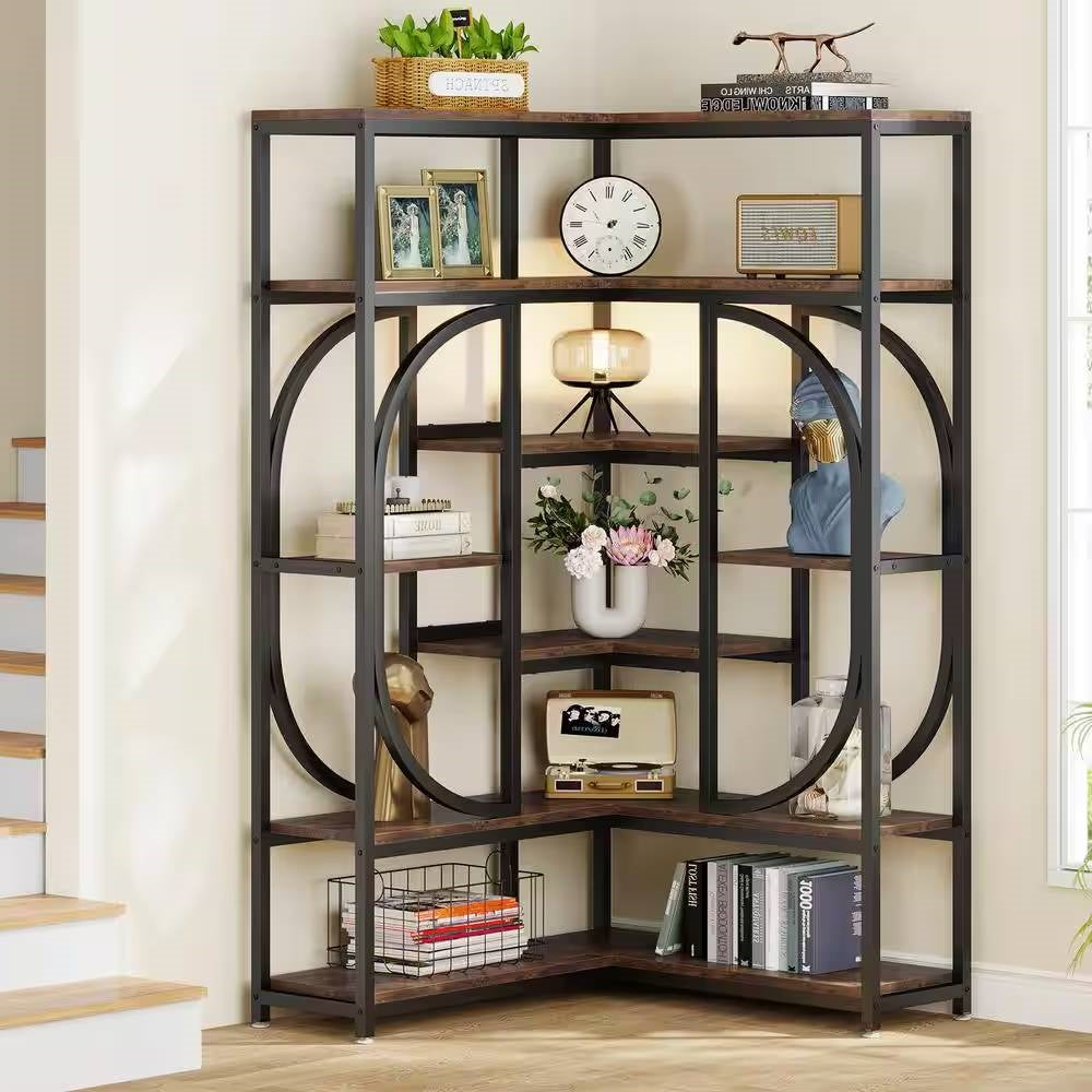 67-inch Tall Modern Industrial Metal Wood Corner Bookcase - Tampa Home & Garden Store