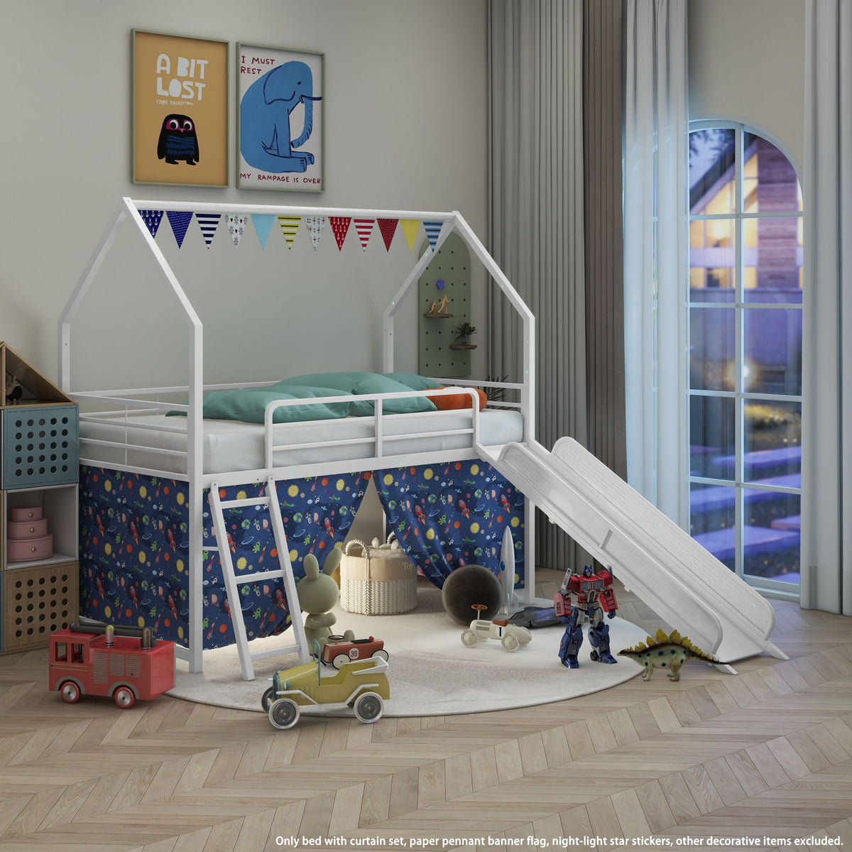 Jack House loft bed with slide and curtain set in white frame, teal bedding on Tampa Home & Garden Store