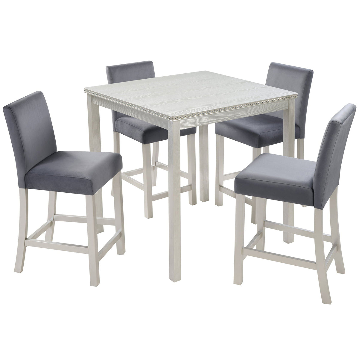 5 Piece Counter Height Dining Set square whitewashed table with four gray chairs HouseOfZazla on Tampa Home & Garden Store