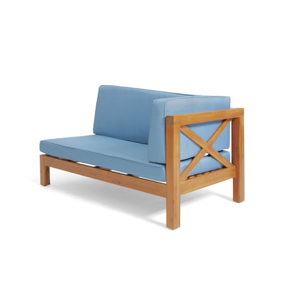 Brava X-Back 4-Piece Outdoor Sofa Set with blue cushions and wooden frame HouseOfZazla on Tampa Home & Garden Store