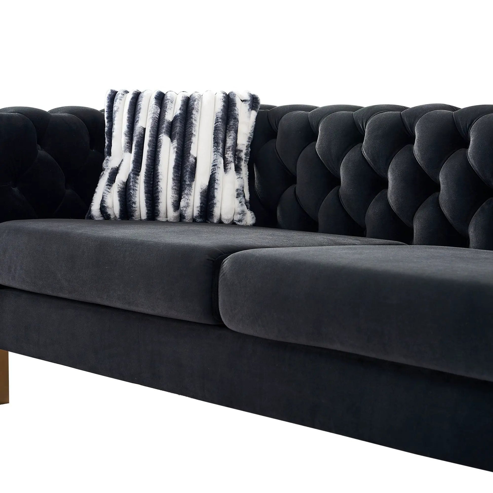 Chesterfield tufted sofa, black velvet, 84.25W, striped faux fur pillow on Tampa Home & Garden Store