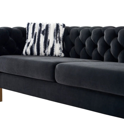 Chesterfield tufted sofa, black velvet, 84.25W, striped faux fur pillow on Tampa Home & Garden Store