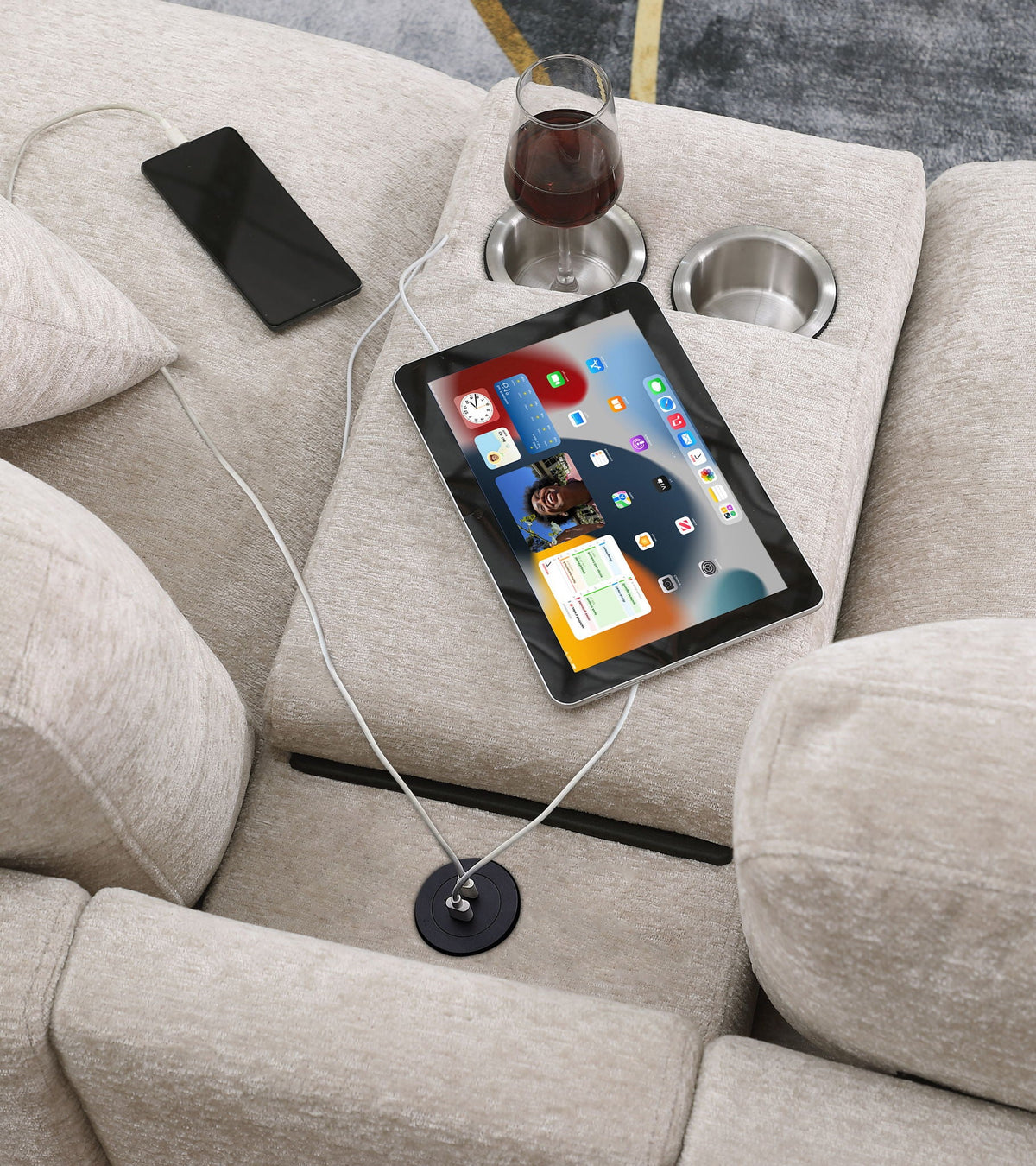 Celine fabric corner sectional sofa with right-facing chaise; cupholders and charging ports on Tampa Home & Garden Store