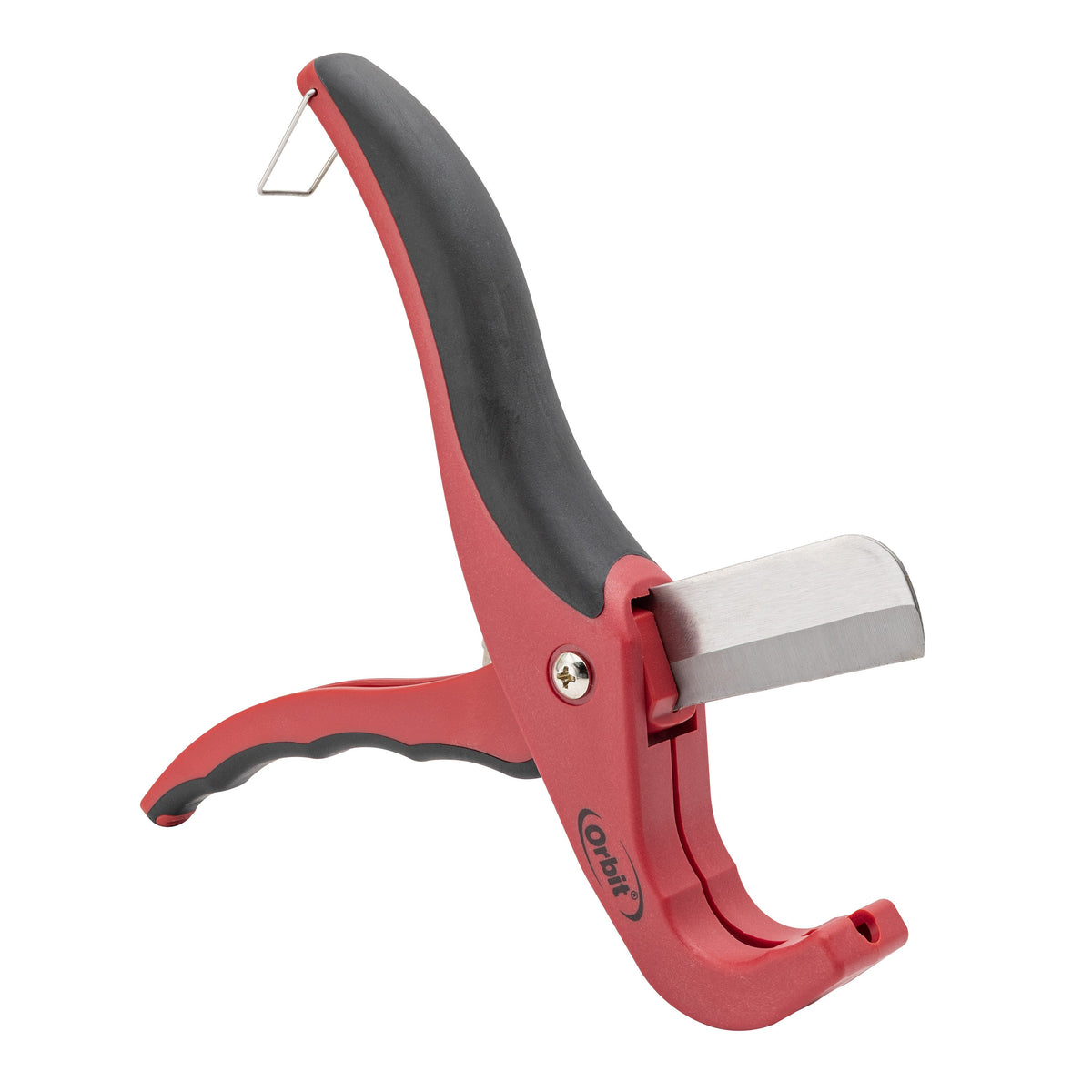 PVC and poly pipe cutter by Orbit Irrigation, red/black handle with metal blade, single tool on Tampa Home & Garden Store