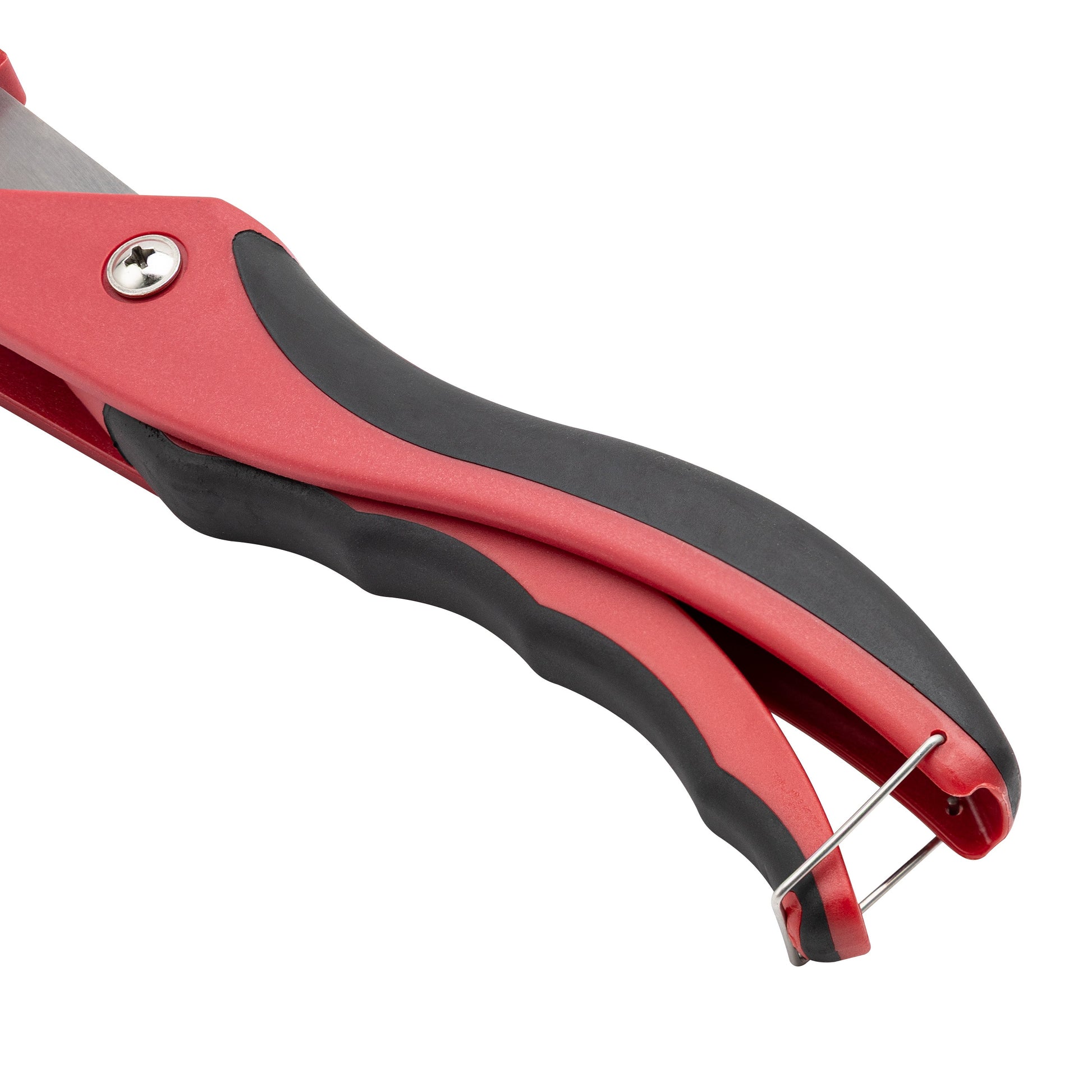 PVC and Poly Pipe Cutter Tool with red and black ergonomic handles and metal blade on Tampa Home & Garden Store