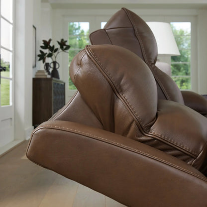 Vonryan Power Recliner with Adj Headrest in tobacco leather, close-up of arm and seam on Tampa Home & Garden Store
