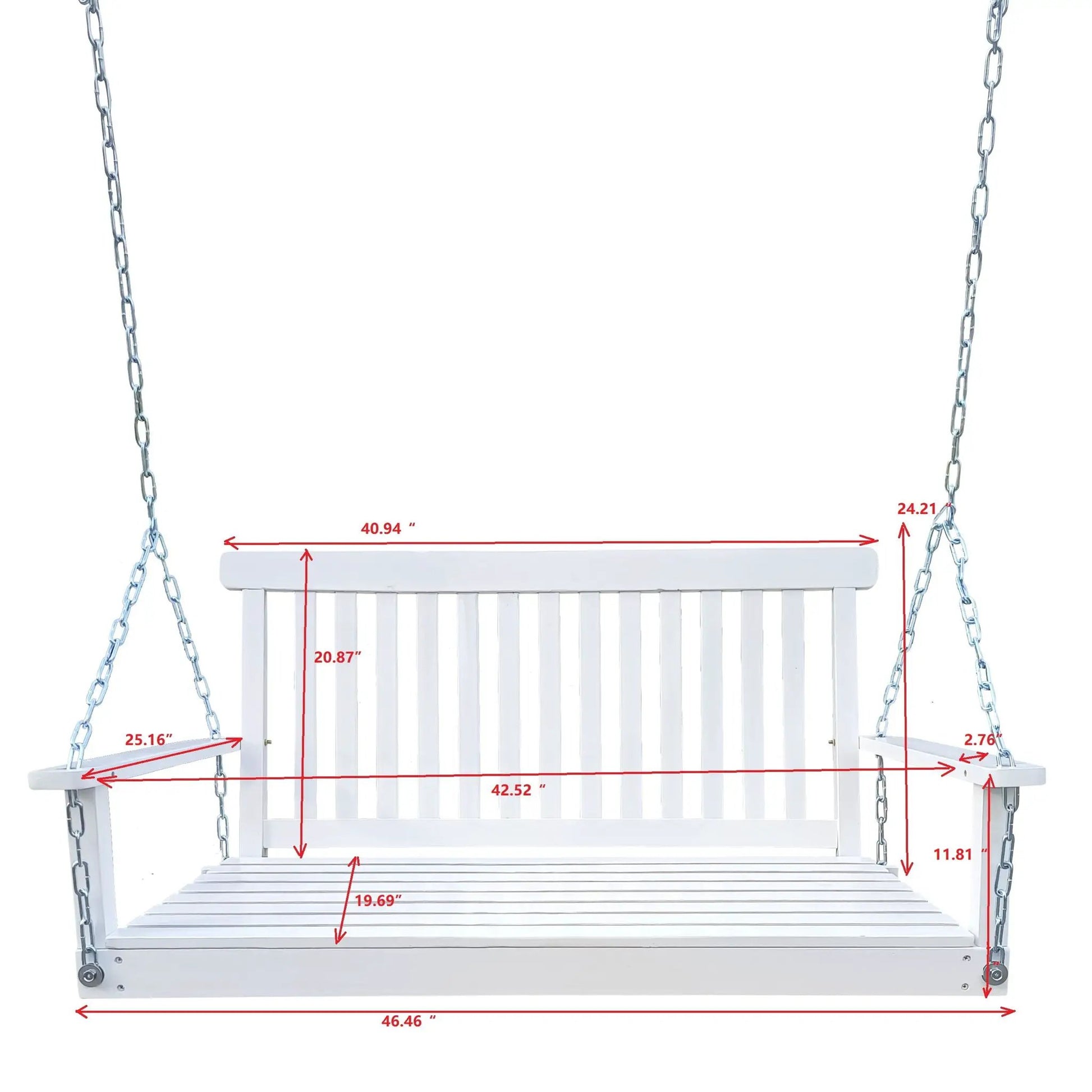 White wooden patio swing with armrests on metal chains, slatted seat on Tampa Home & Garden Store
