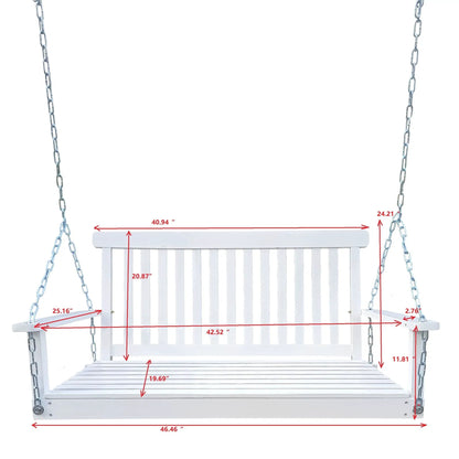 White wooden patio swing with armrests on metal chains, slatted seat on Tampa Home & Garden Store