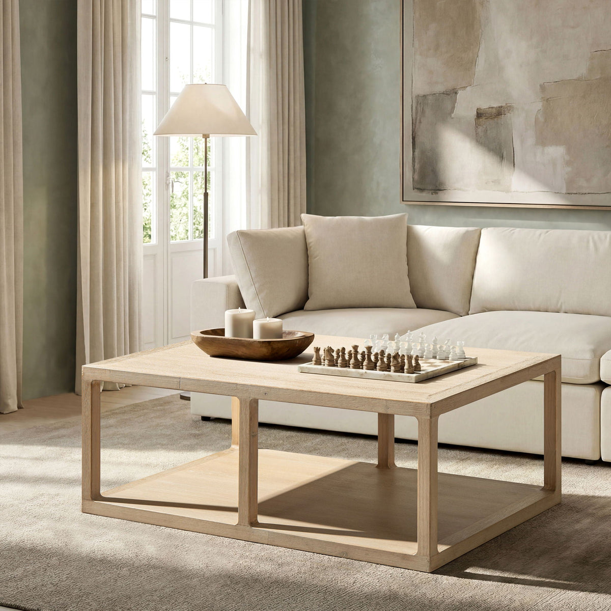 Natural reclaimed wood coffee tables Ellis with lower shelves set of two in light finish on Tampa Home & Garden Store