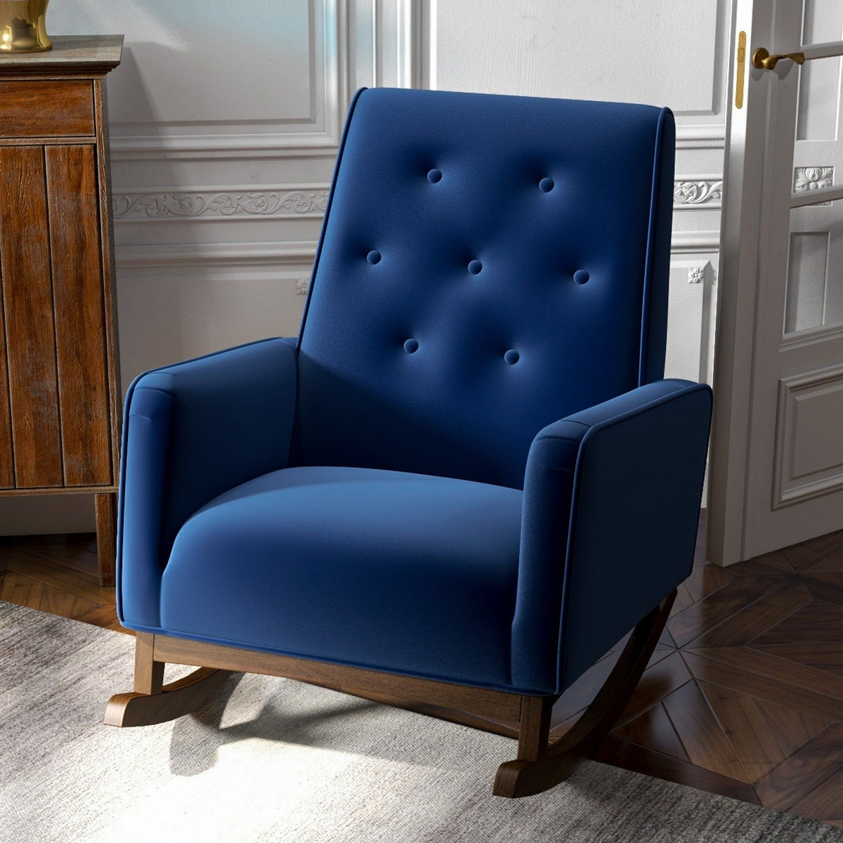 Demetrius Solid Wood Rocking Chair in blue upholstery by HouseOfZazla on Tampa Home & Garden Store