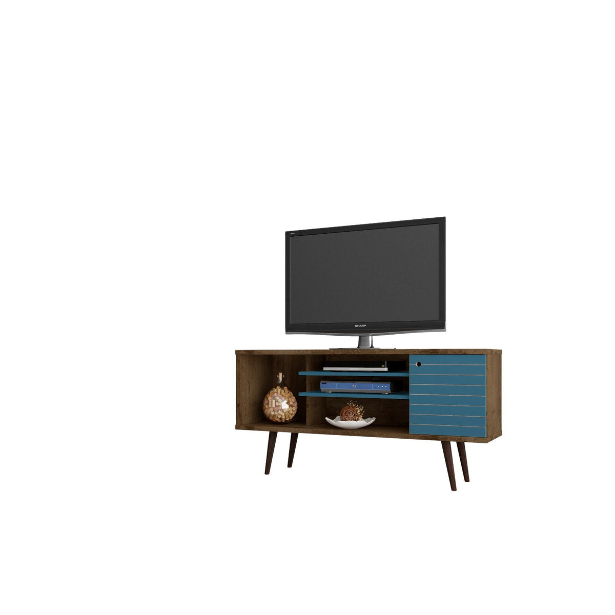 TV stand by HouseOfZazla, free standing with storage, wood finish, blue drawer panel, shelves on Tampa Home & Garden Store