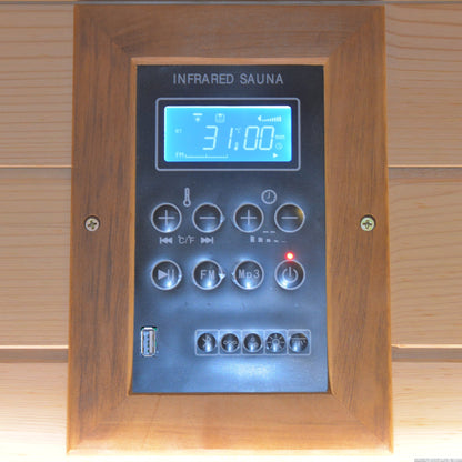 Infrared sauna control panel with blue display for outdoor 2-person sauna in wood frame on Tampa Home & Garden Store