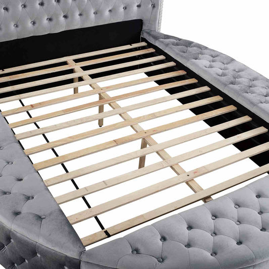 Glam Button Tufted Wingback Round Bed in gray velvet with tufted edges and wood slat foundation on Tampa Home & Garden Store