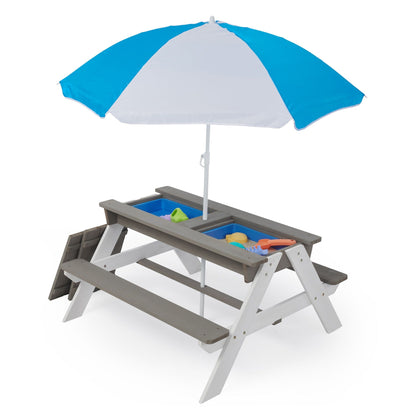 3-in-1 kids outdoor wooden picnic table with blue and white umbrella and sandbox on Tampa Home & Garden Store