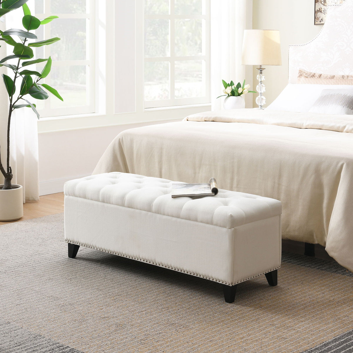 Button-Tufted Storage Ottoman with Safety Close Hinge in beige fabric by HouseOfZazla on Tampa Home & Garden Store