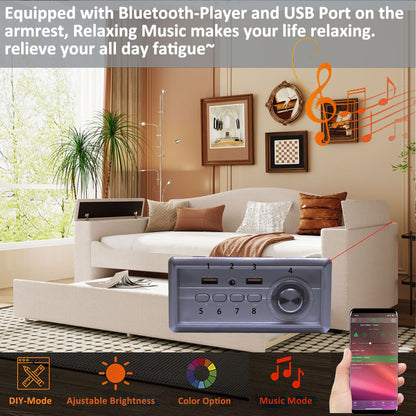 Upholstered daybed with storage armrests and trundle by HouseOfZazla, audio system, beige on Tampa Home & Garden Store