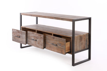 Reclaimed wood TV console with 3 drawers and open shelf in antique gray, black metal frame on Tampa Home & Garden Store