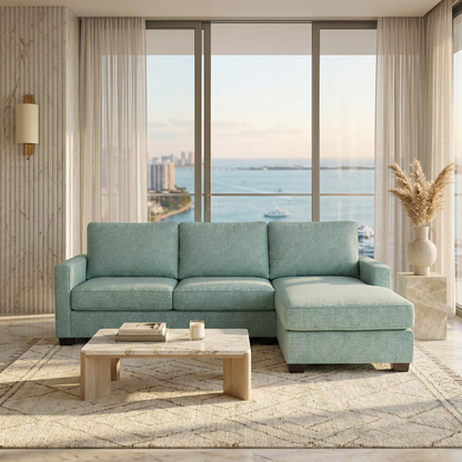 Modena Sectional Sofa by HouseOfZazla, customizable L-shaped seafoam fabric sofa on Tampa Home & Garden Store