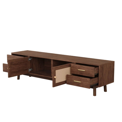 Dark brown wood TV stand with 2 doors, 4 drawers and cable holes for TVs up to 80 inches on Tampa Home & Garden Store