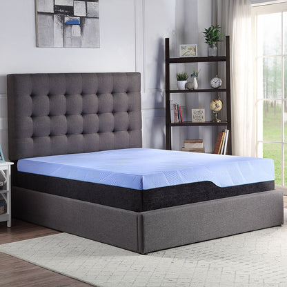 12-inch Refresh Hybrid Mattress GelCare memory foam blue on dark tufted bed bedroom on Tampa Home & Garden Store