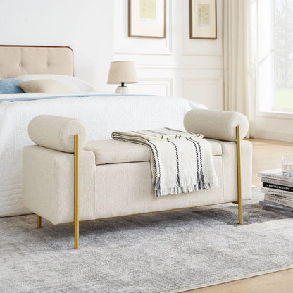 Elegant upholstered storage bench with cylindrical arms and iron gold legs in beige fabric on Tampa Home & Garden Store