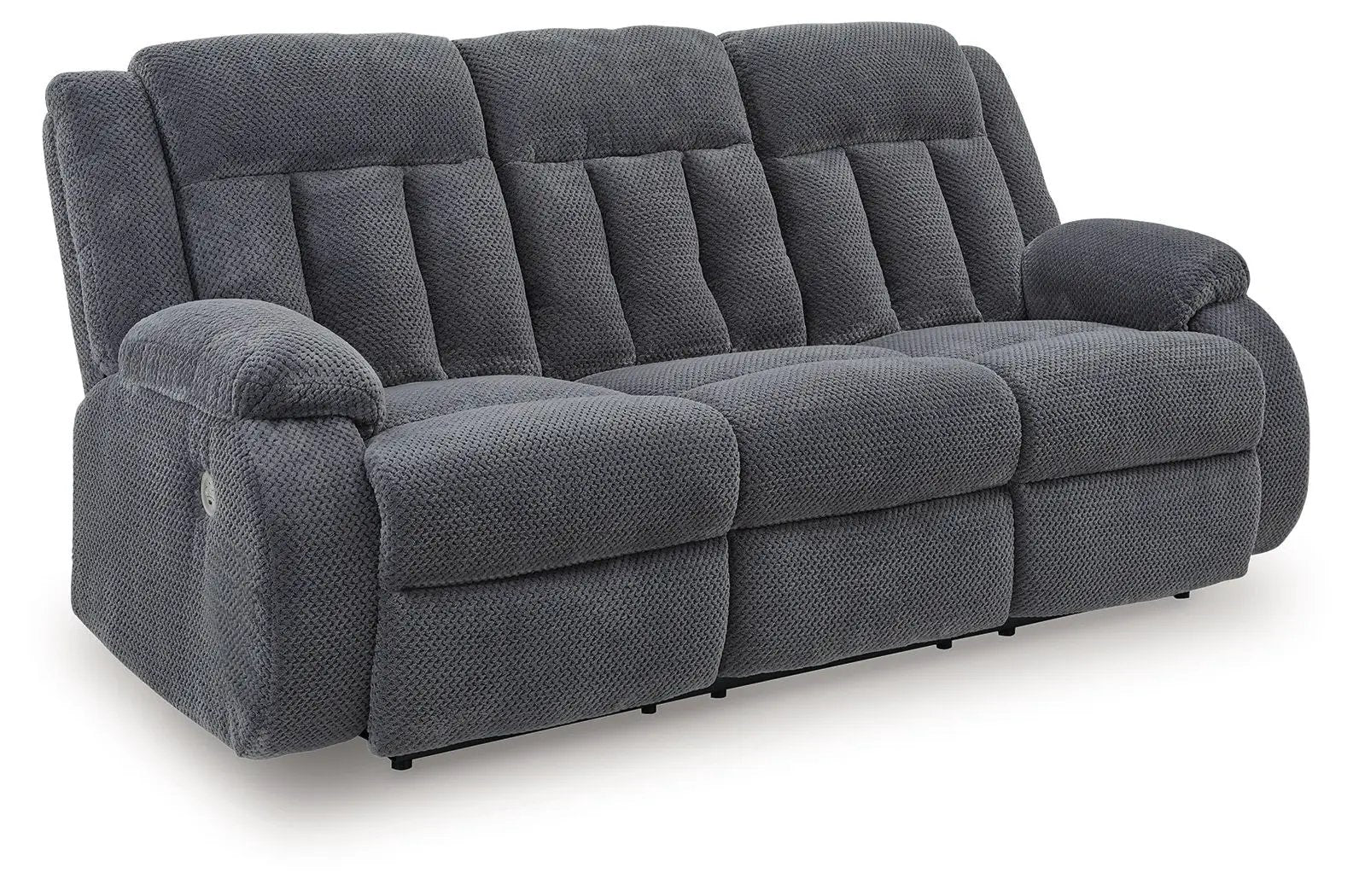Observation reclining power sofa with drop-down table in steel gray fabric on Tampa Home & Garden Store