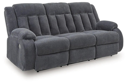 Observation reclining power sofa with drop-down table in steel gray fabric on Tampa Home & Garden Store