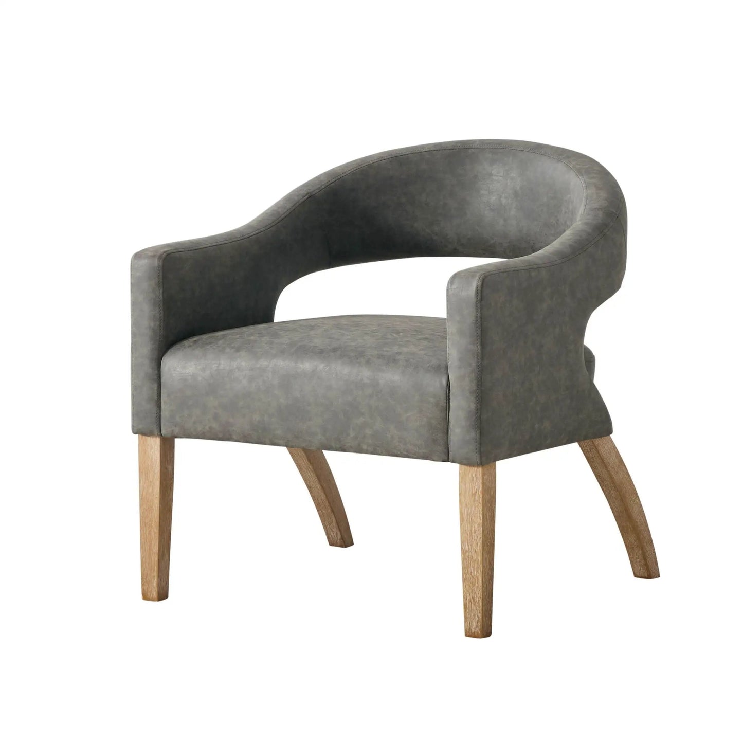 Upholstered open-back armchair in gray faux leather with weathered rubberwood legs on Tampa Home & Garden Store