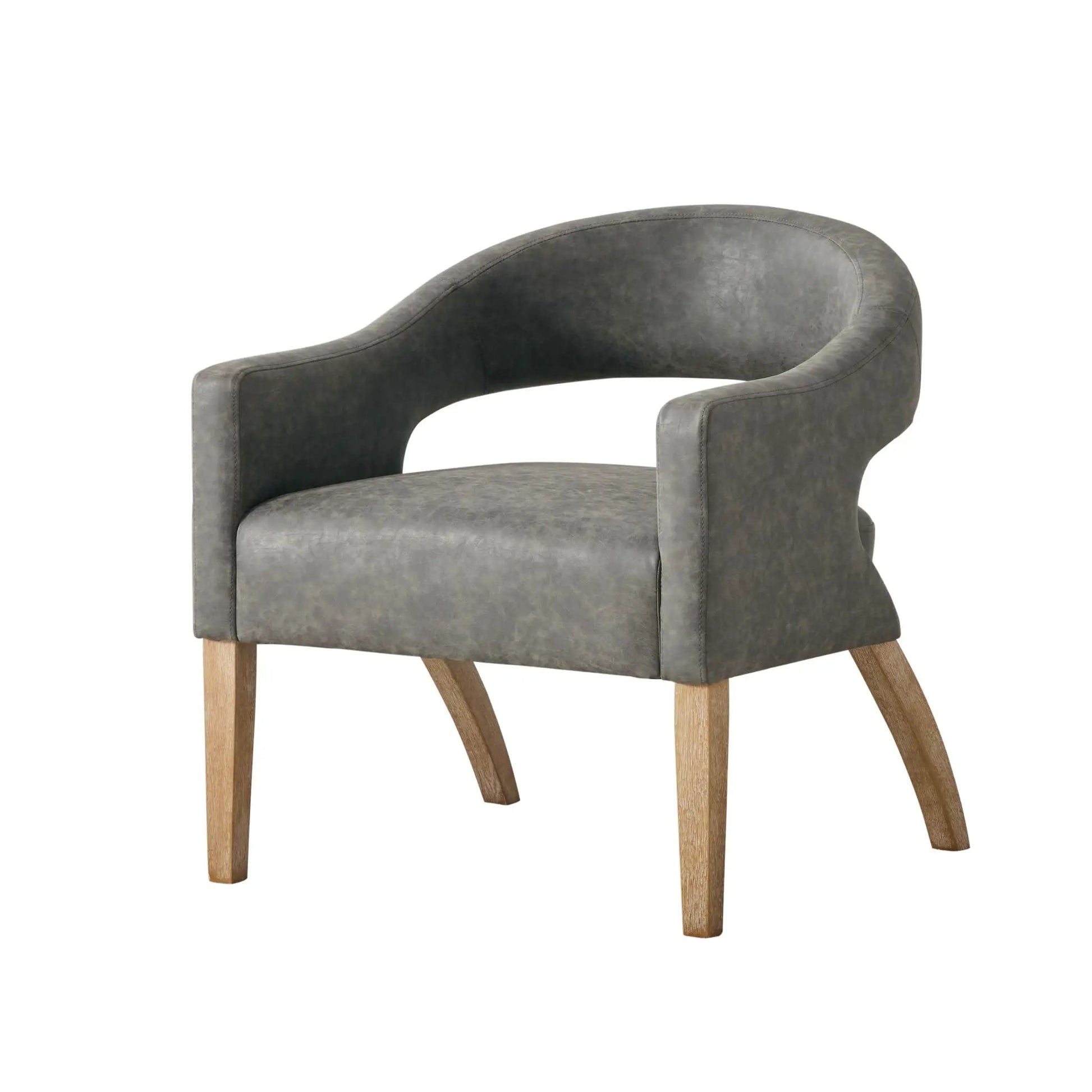 Upholstered open-back armchair in gray faux leather with weathered rubberwood legs on Tampa Home & Garden Store