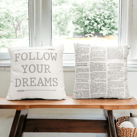 Throw pillows: Follow Your Dreams 16in Gia Roma; left gray text, right newspaper print on Tampa Home & Garden Store