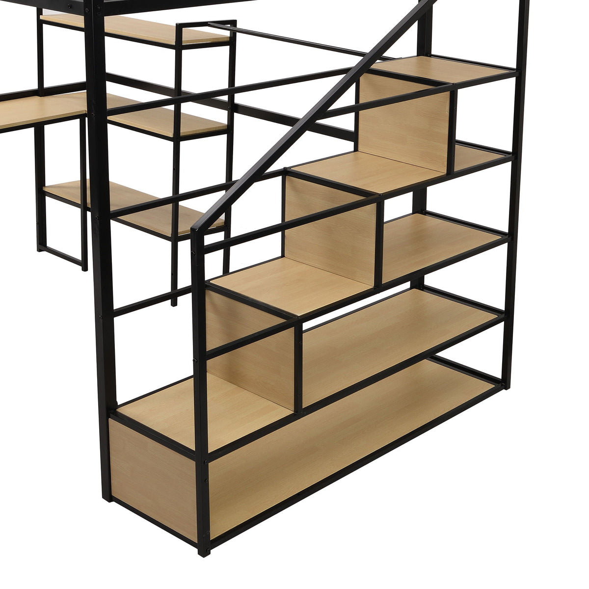 HouseOfZazla black full-size loft bed frame with staircase built-in desk and shelves light wood steps on Tampa Home & Garden Store