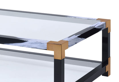 Lafty Glass Coffee Table - Multi, black metal frame with gold corners and glass top on Tampa Home & Garden Store
