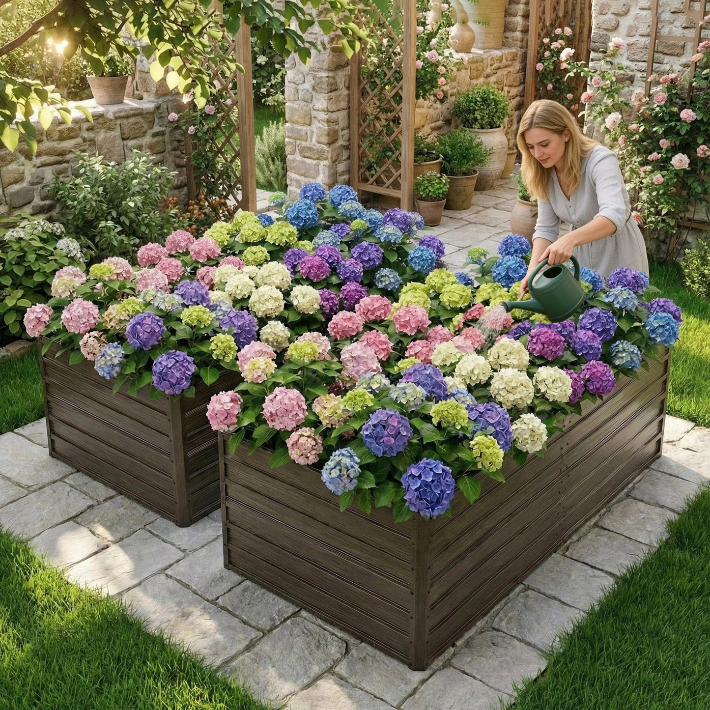8x4x2 ft Woodgrain Galvanized raised garden bed set in brown panels on Tampa Home & Garden Store