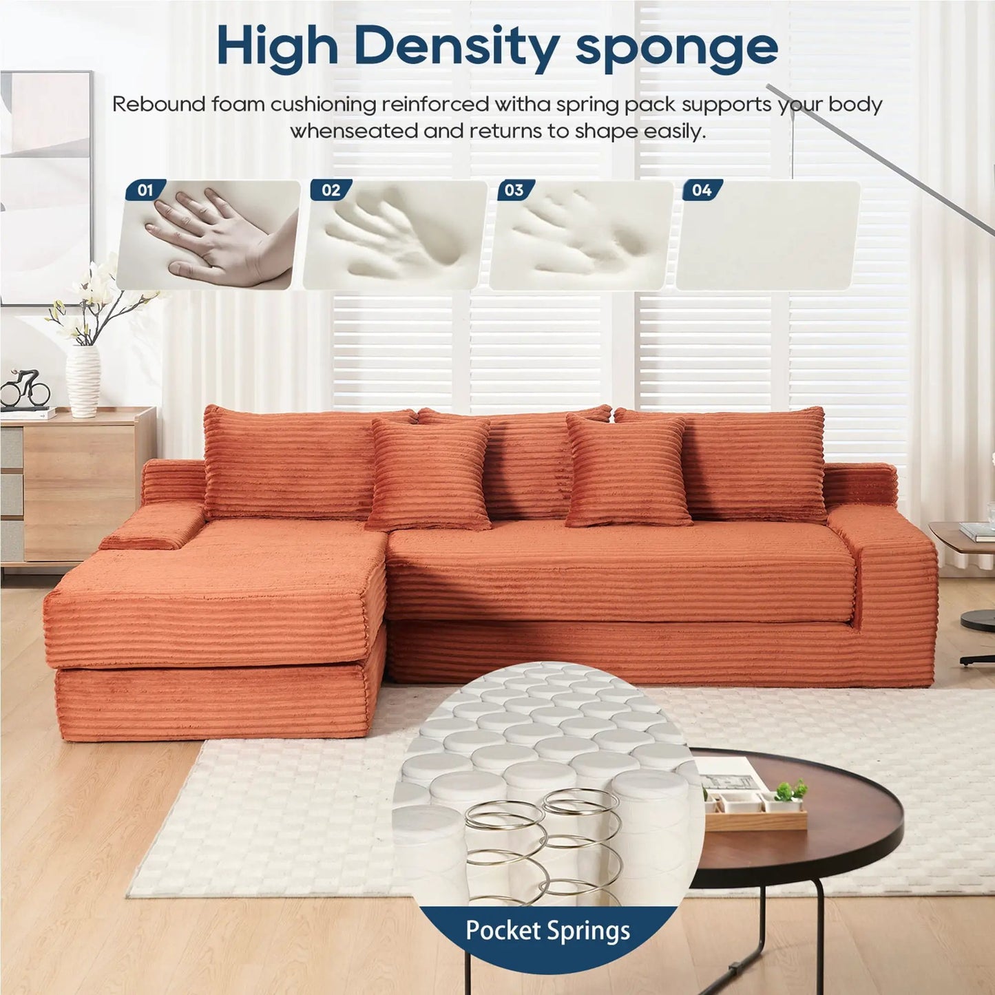 Modern L-shaped sectional sofa with memory foam cushions in orange fabric by Unique Piece on Tampa Home & Garden Store