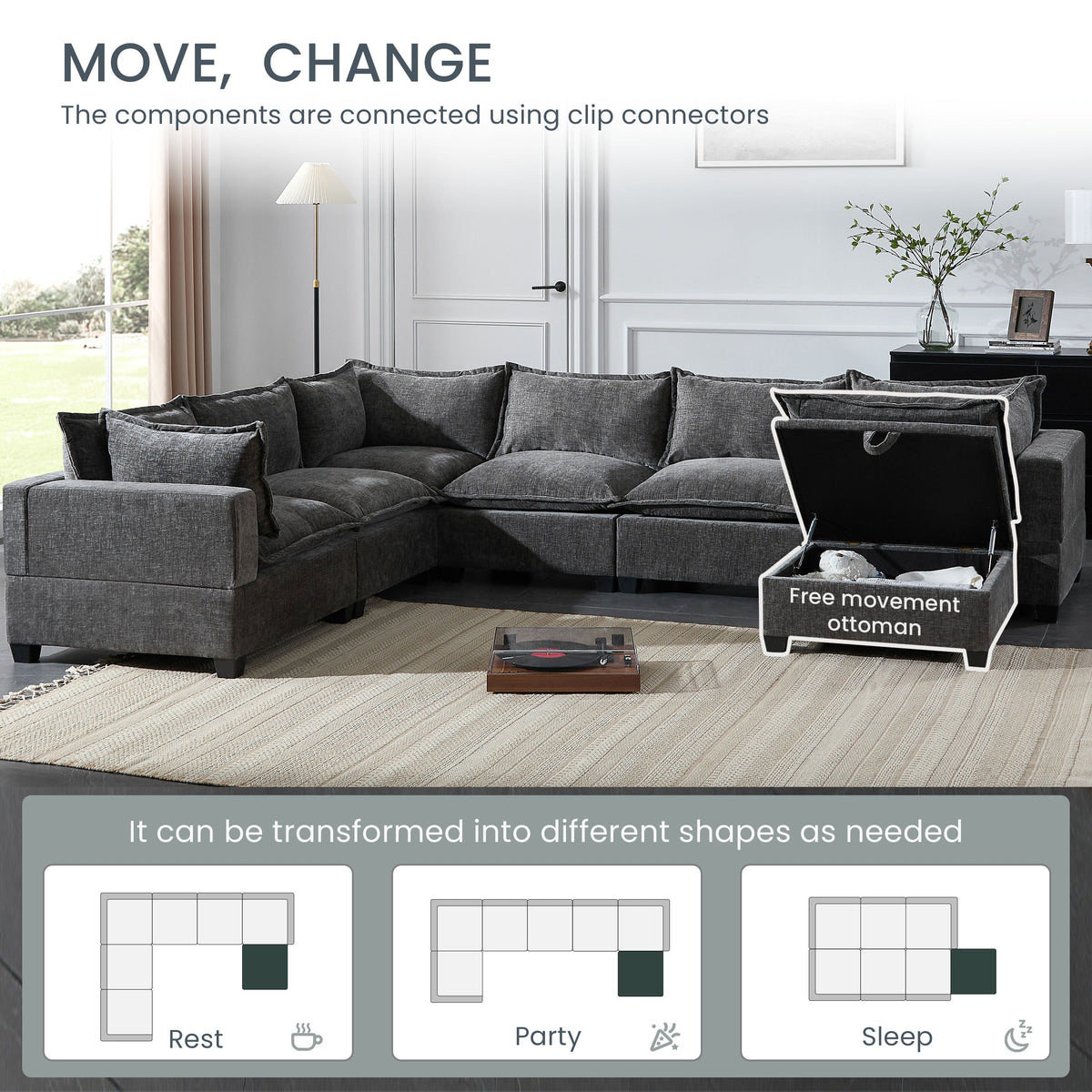117.5'' Modular Sectional Sofa with Movable Storage Ottoman by HouseOfZazla in dark gray fabric on Tampa Home & Garden Store