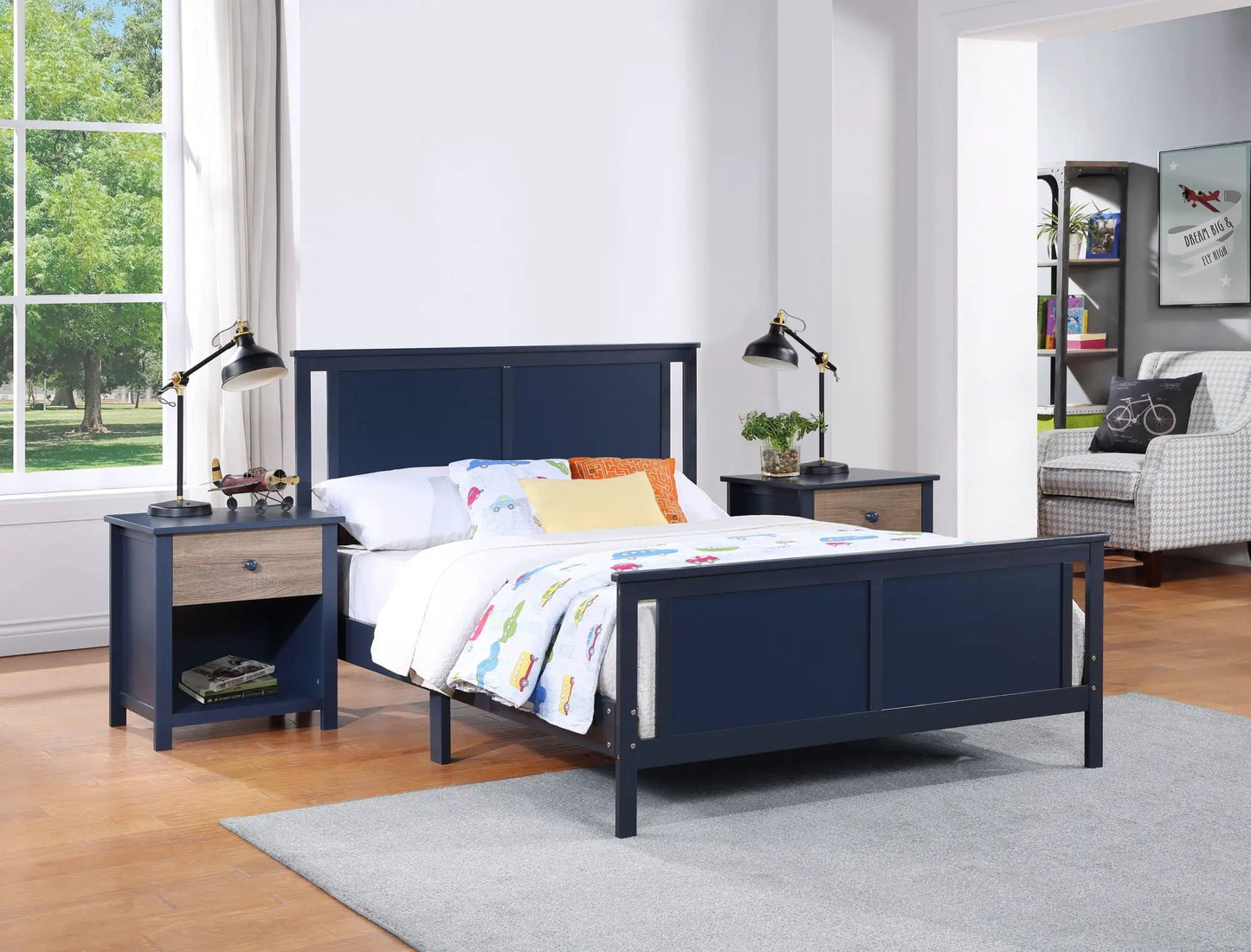 Connelly navy blue panel bed with matching nightstands by Unique Piece Furniture in a kids room on Tampa Home & Garden Store